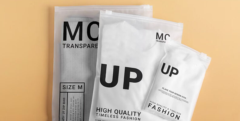 Custom frosted slider zipper bags in assorted sizes, matte resealable pouches for fashion apparel packaging
