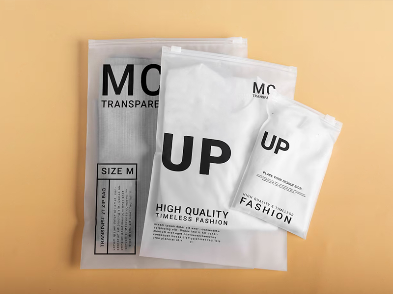 Custom frosted slider zipper bags in assorted sizes, matte resealable pouches for fashion apparel packaging