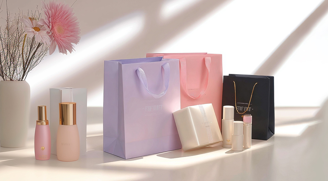 Custom printed luxury paper shopping bags for cosmetics and beauty gift packaging