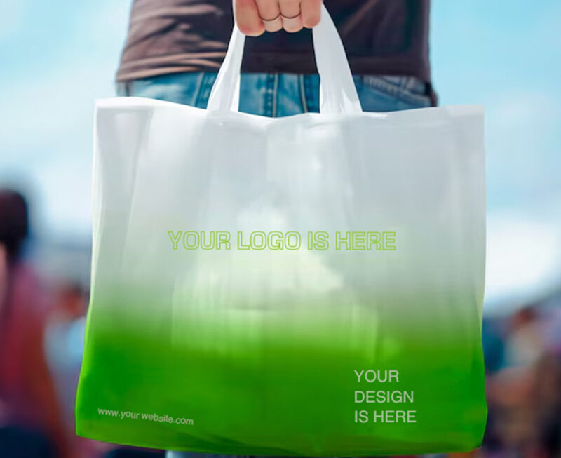 Gradient green custom printed plastic tote bag mockup for brand design preview