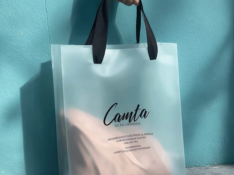 Matte translucent light blue custom printed shopping bag with black woven handles