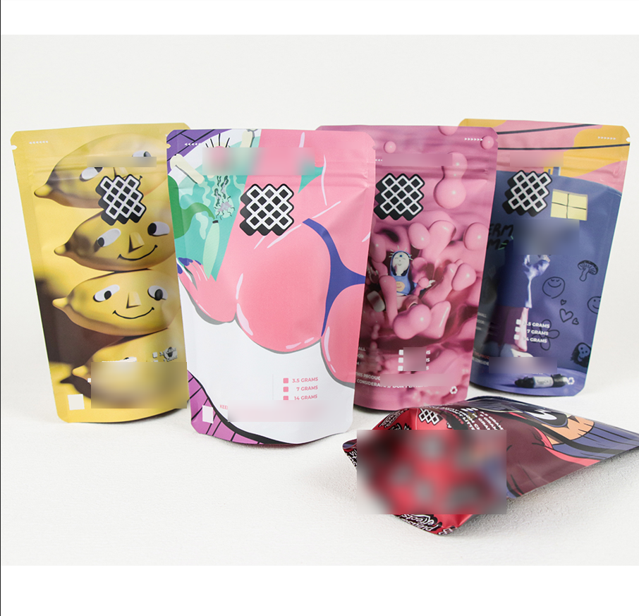 Alt text: Examples of FDXPACK Stand-Up Mylar Pouches