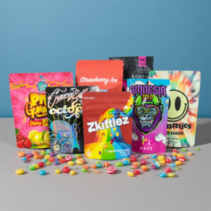 Colorful custom printed Mylar zipper bags with different sizes, vibrant graphics and resealable packaging designs