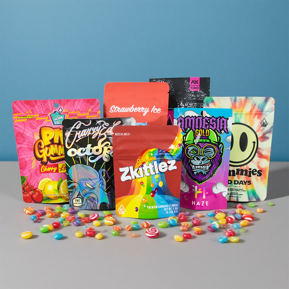 Colorful custom printed Mylar zipper bags with different sizes, vibrant graphics and resealable packaging designs