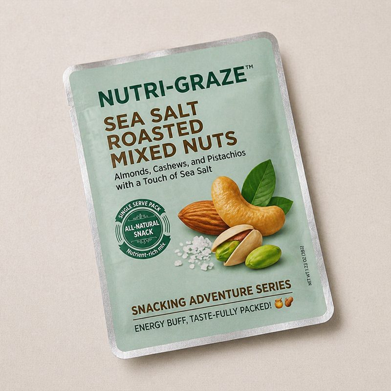 Custom printed matte single serve nut snack pouch, flat lay of sea salt roasted mixed nuts packaging bag on beige background