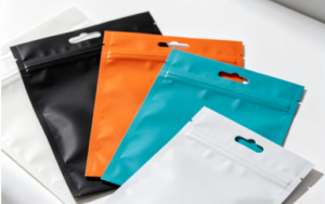 Custom self-adhesive header bags with hang holes for retail display and convenient product packaging.