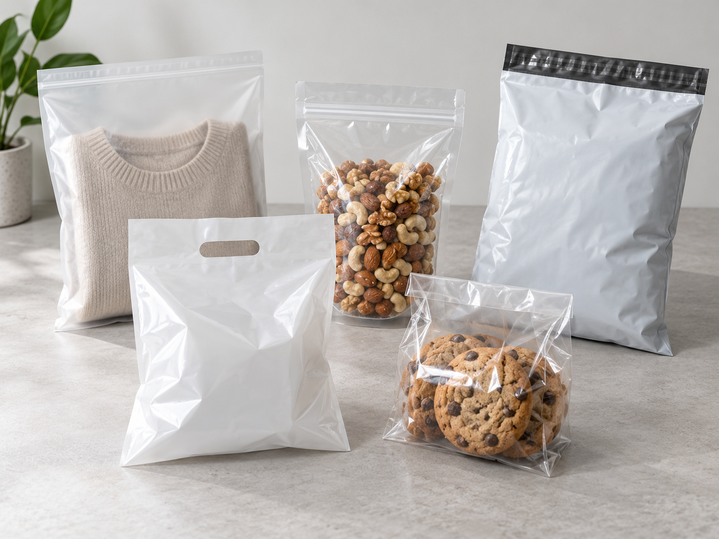 Various plastic packaging bags for apparel, food, snacks, and retail packaging