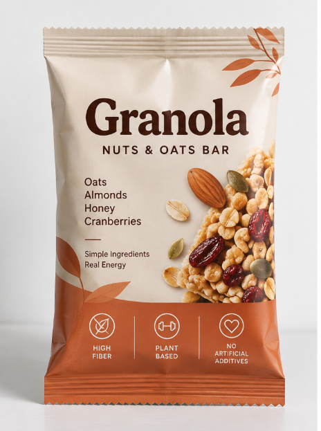 Custom printed center seal pouch front with full-color granola packaging design