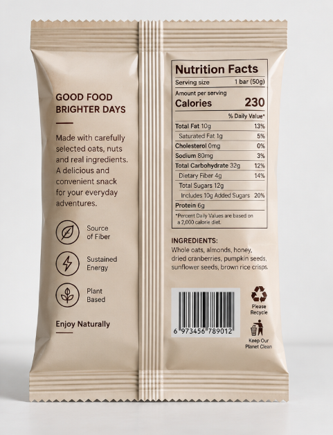Center seal pouch back with vertical center seam, nutrition facts and product information