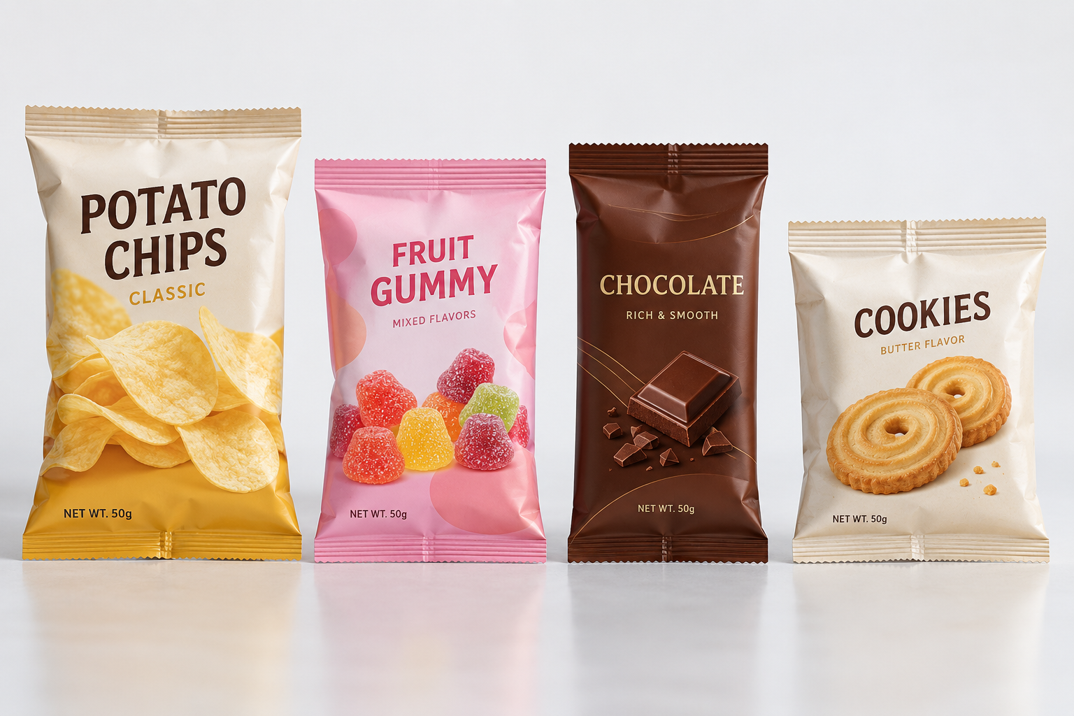 Custom center seal pouches for chips, candy, chocolate, and biscuits packaging