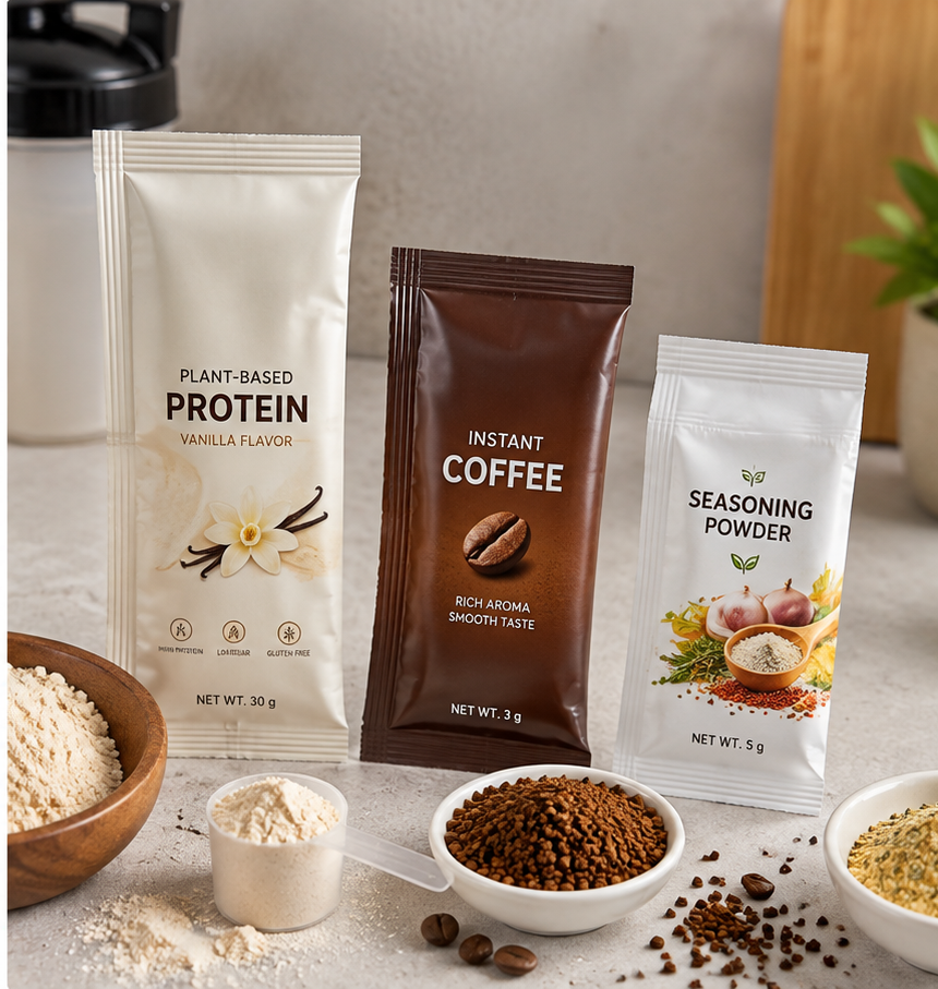 Center seal pouches for seasoning, coffee powder, grains, and dry mix packaging
