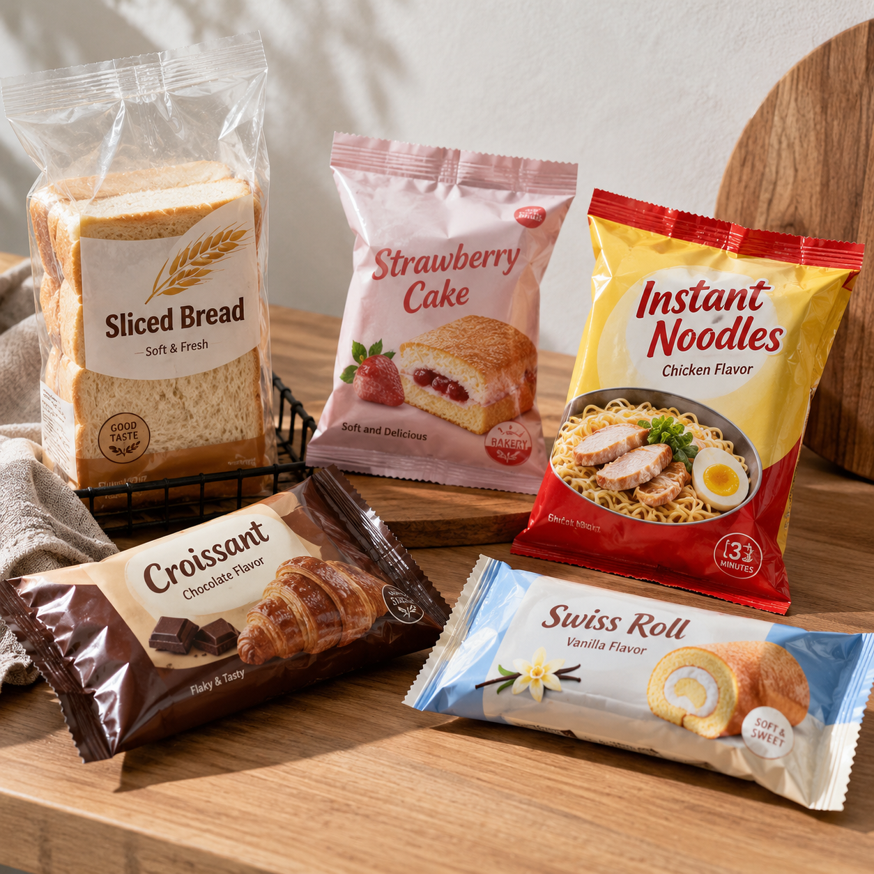 Center seal pouches for bread, cakes, instant noodles, and bakery product packaging