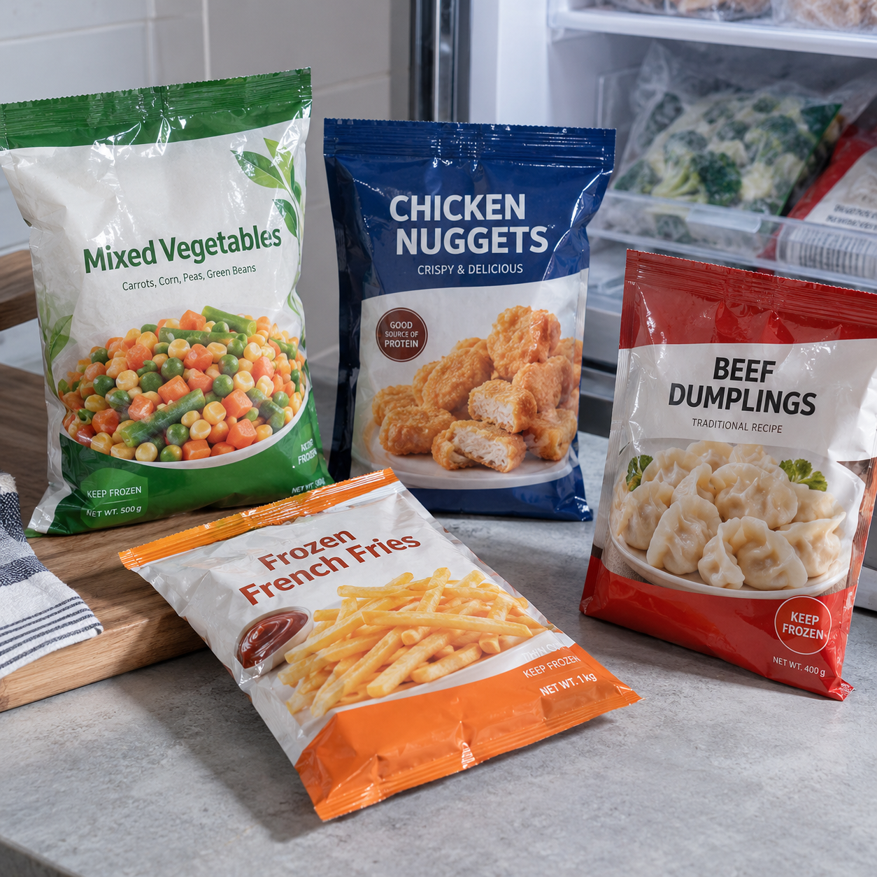 Center seal pouches for frozen vegetables, chicken nuggets, dumplings, and frozen snack packaging