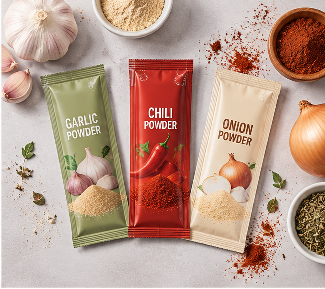 Custom printed stick sachet packaging for spice powder, garlic, chilli and onion powder stick pouches display.