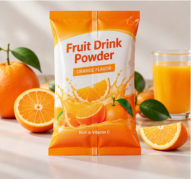 Custom printed center seal pouch for fruit drink powder, orange flavor beverage powder packaging bag showcase
