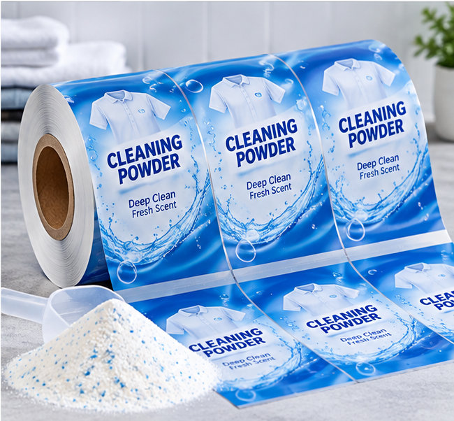 Custom printed roll stock film for cleaning powder, flexible laminated packaging roll for laundry detergent