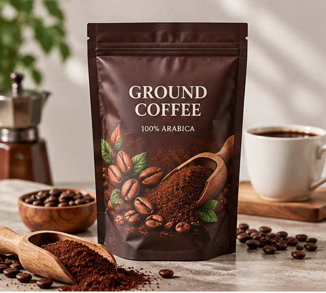 Alt Text: Custom printed matte stand up pouch for ground coffee, flexible resealable coffee packaging bag display