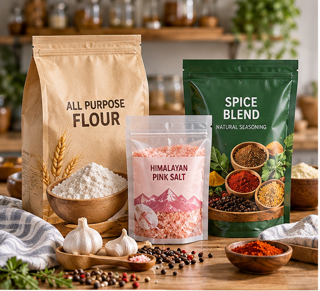 Alt Text: Custom food flexible pouches for flour, himalayan pink salt and spice seasoning, various resealable food packaging bags display