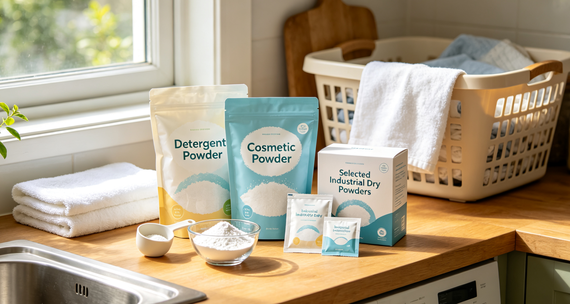 Custom flexible packaging pouches and sachets for detergent powder, cosmetic powder and industrial dry powder, displayed in bright home laundry scene