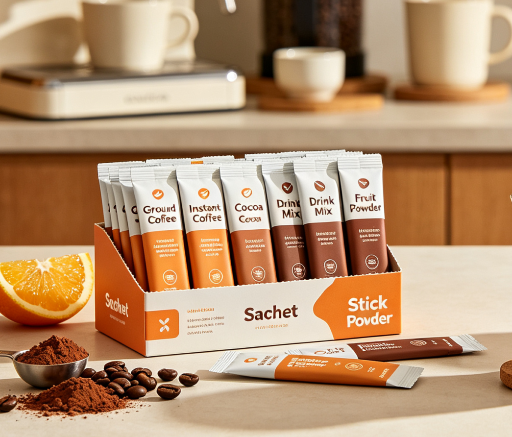 Custom stick packs and single serve sachets for coffee, cocoa and fruit beverage powder displayed on bright home breakfast table