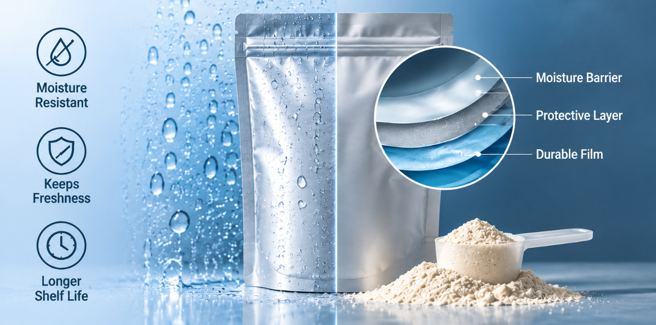 High-barrier powder packaging pouch designed to protect moisture-sensitive powders from humidity and help maintain freshness and shelf life.