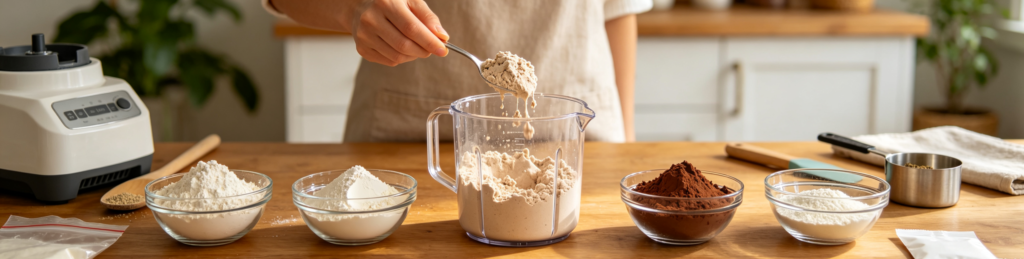 Hand scooping clumpy non-free-flowing protein powder into jug on wooden kitchen counter, bowls of flour and cocoa powder nearby, showing sticky, poor-flow powder for packaging reference.