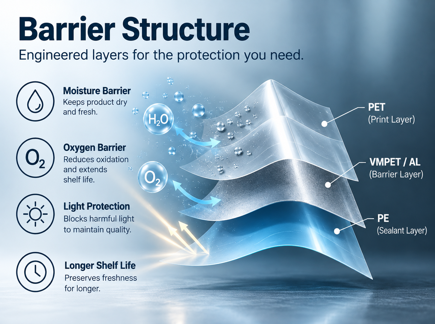 Flexible packaging barrier structure showing PET, VMPET/AL, and PE layers for moisture, oxygen, and light protection to extend product shelf life.