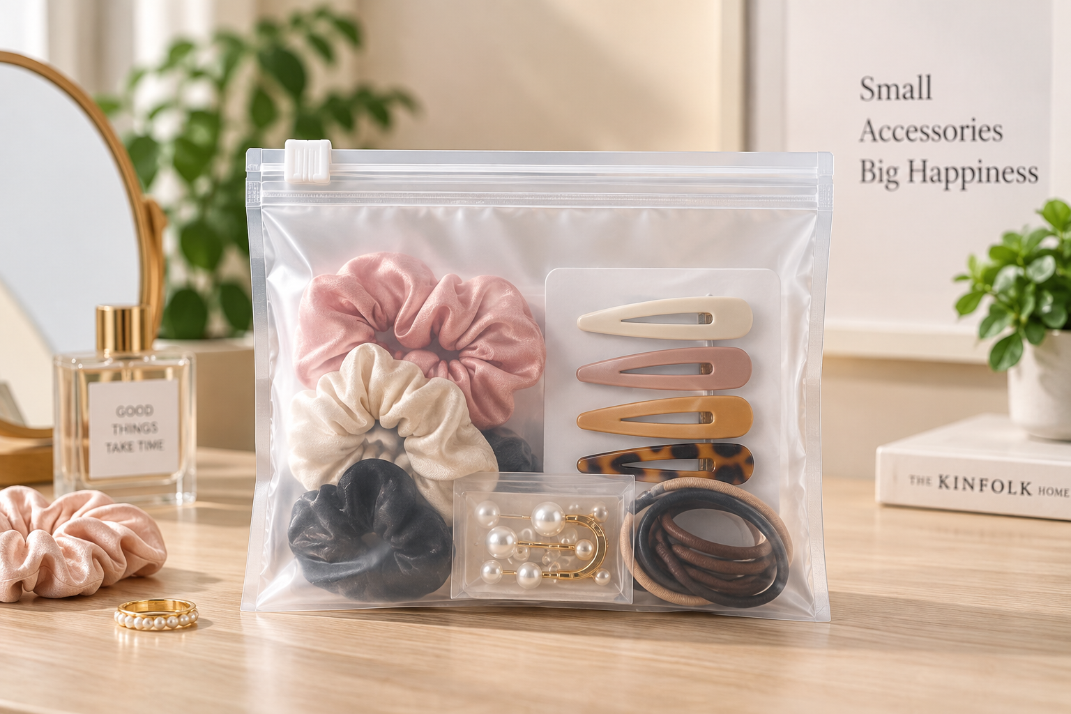 Transparent slider zipper bag for retail accessories, featuring hair ties, scrunchies, hair clips, and small jewelry items.