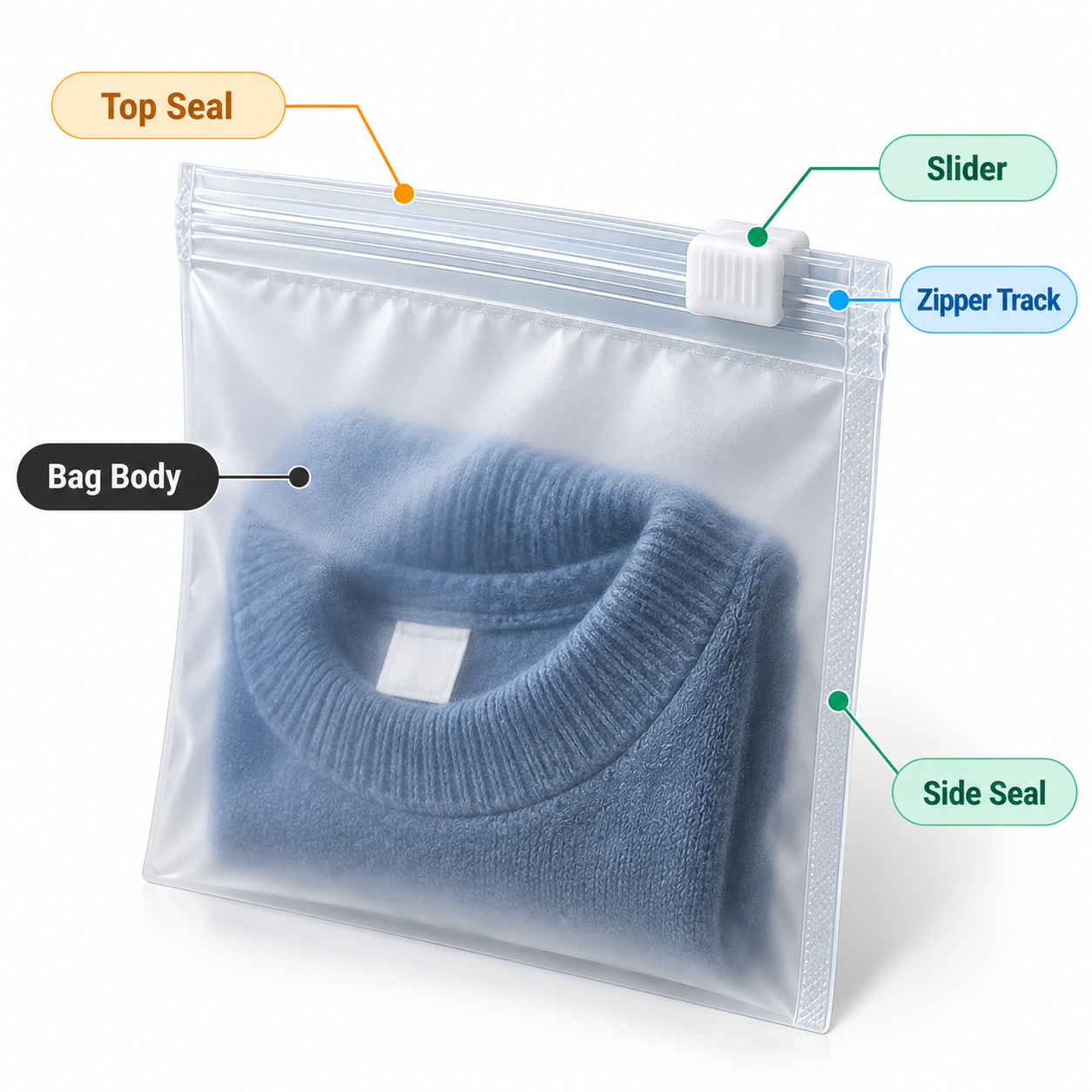 Close-up slider zipper bag structure showing the top seal, slider, zipper track, bag body, and side seal for easy resealable packaging.