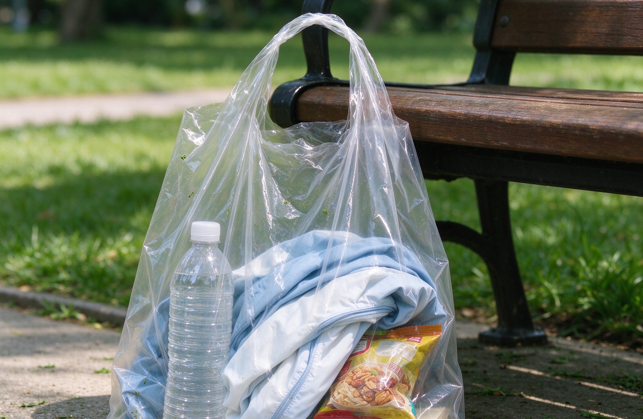Transparent plastic tote bag with daily essentials on park ground next to bench