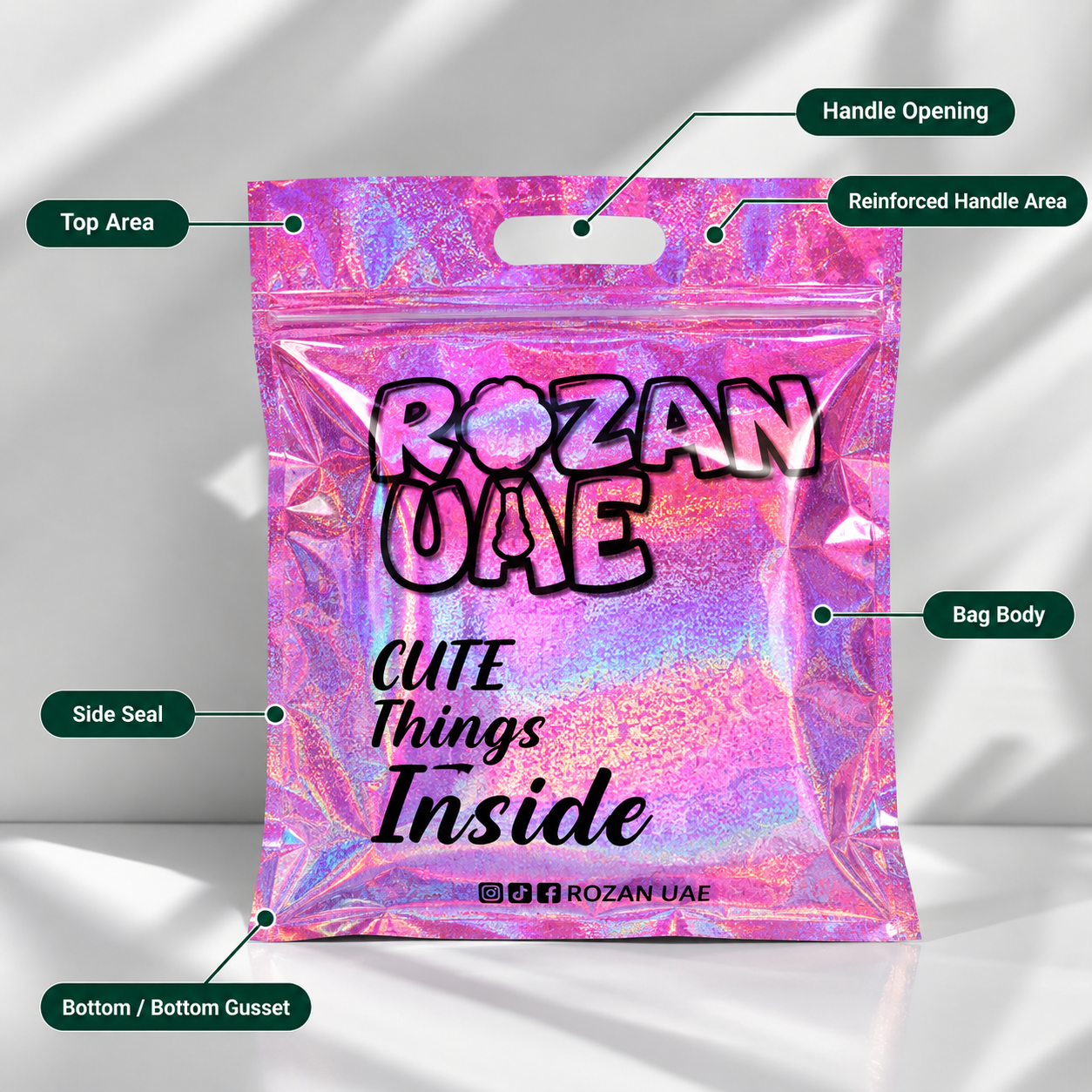 Holographic pink custom printed plastic shopping zipper bag with handle for retail gift packaging