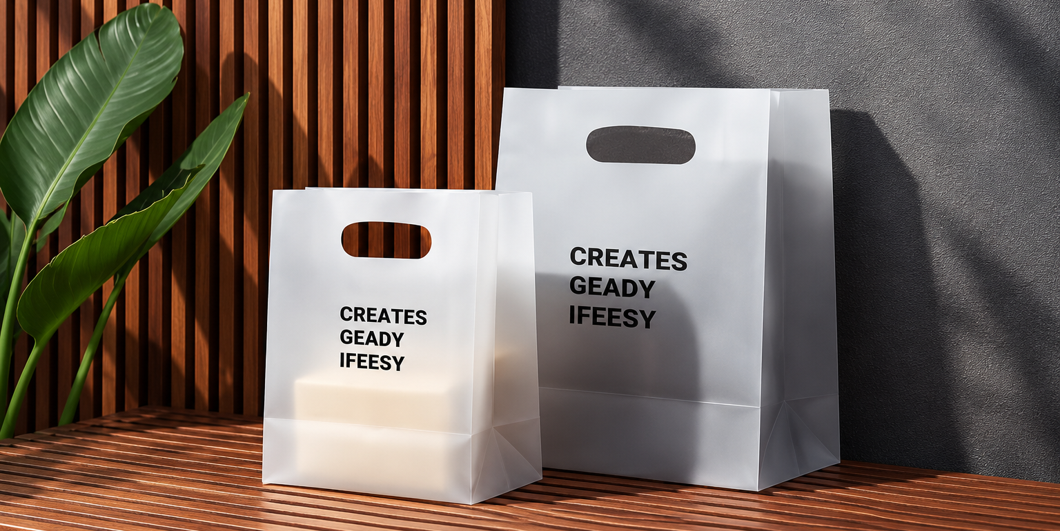 Custom frosted die-cut handle bags in two sizes displayed on a wooden surface for retail and product packaging.