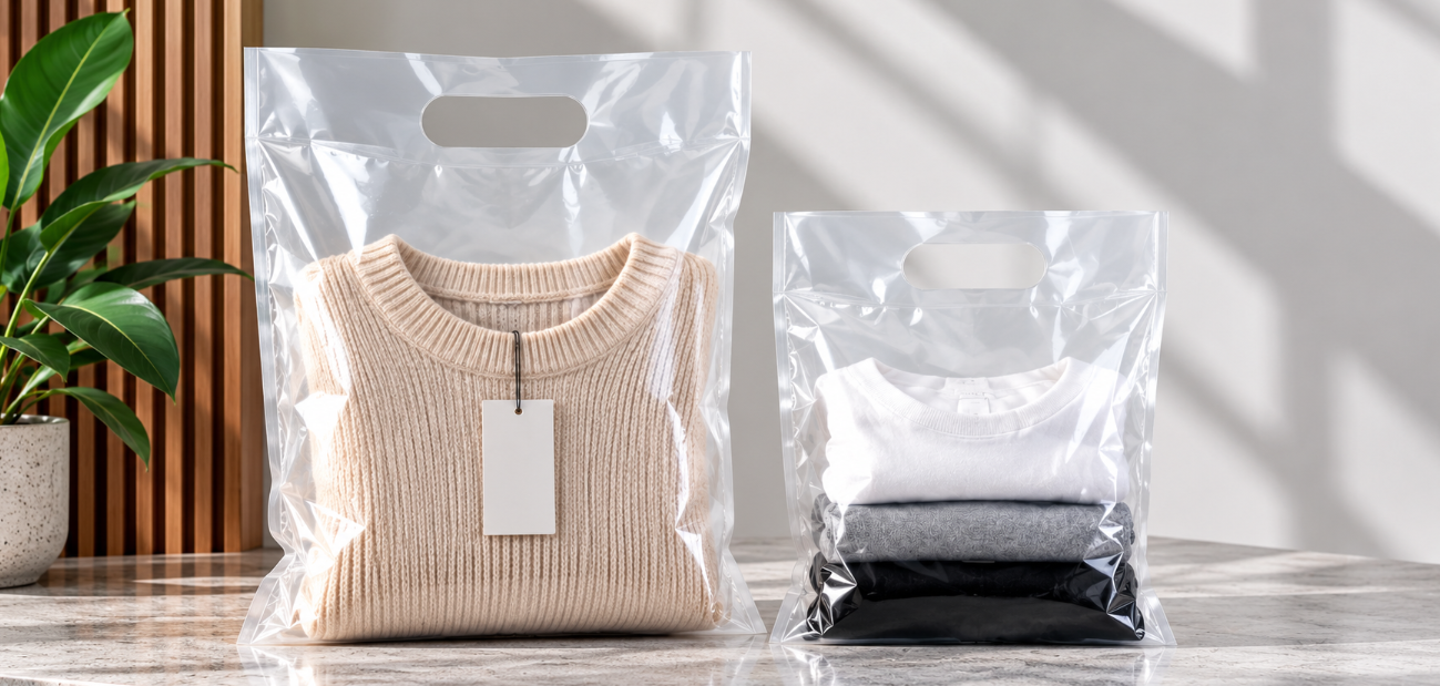 Transparent PE die-cut handle bags displaying folded clothing with high product visibility for retail and apparel packaging.