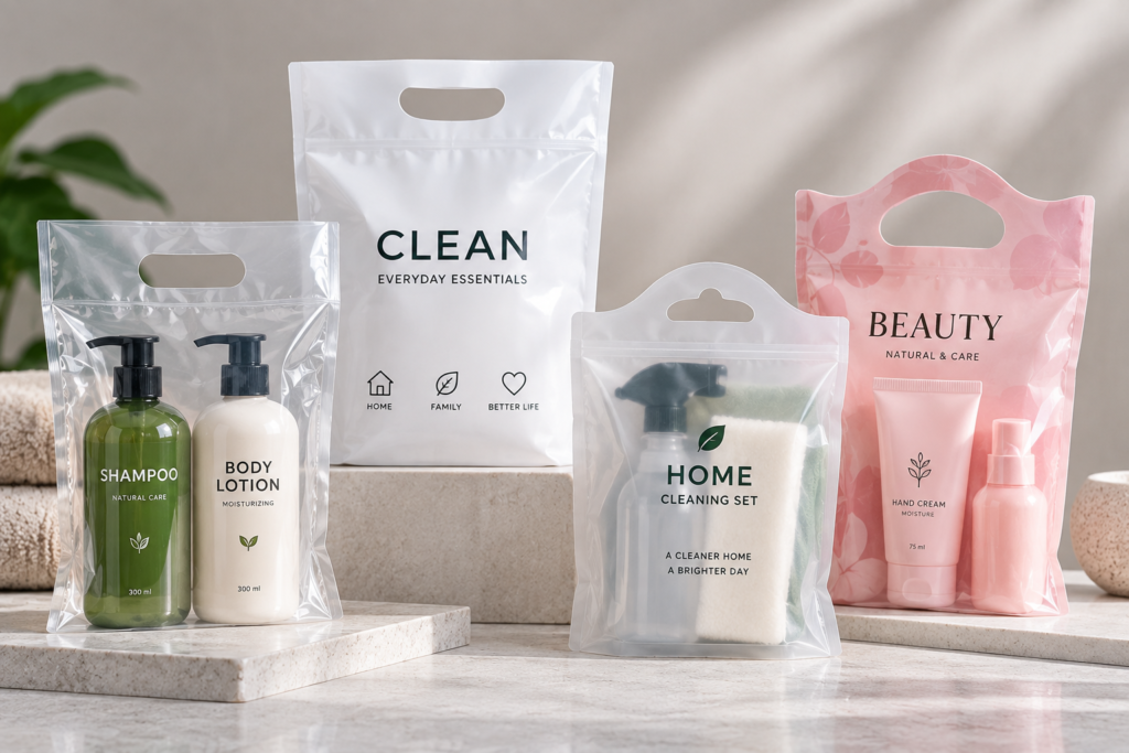 Custom die-cut plastic handle bags for shampoo, body lotion, beauty products, and household cleaning supplies.
