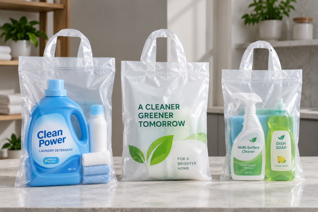 Custom loop handle plastic bags for laundry detergent, cleaning supplies, and household products with easy-carry handles.