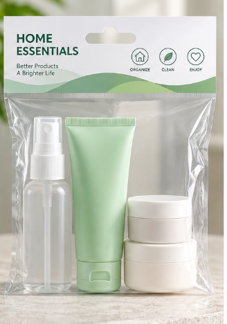 Clear hanging zip bag with paper card header for travel skincare containers