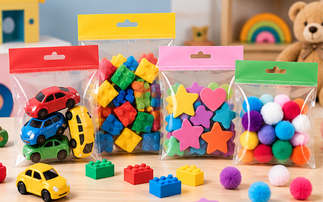 Colorful header bags with hang holes for small toys, building blocks, craft shapes, and DIY supplies.