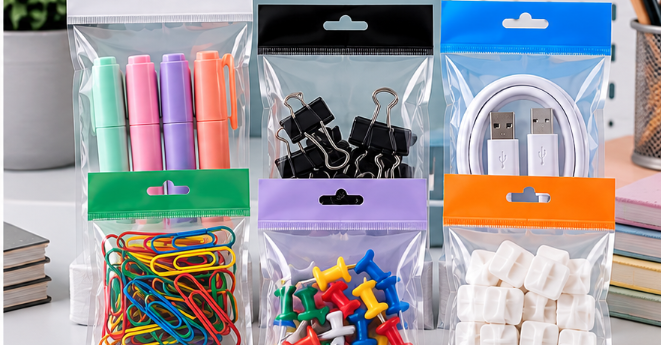 Custom header bags with hang holes for stationery, office supplies, USB cables, clips, and small consumer products.