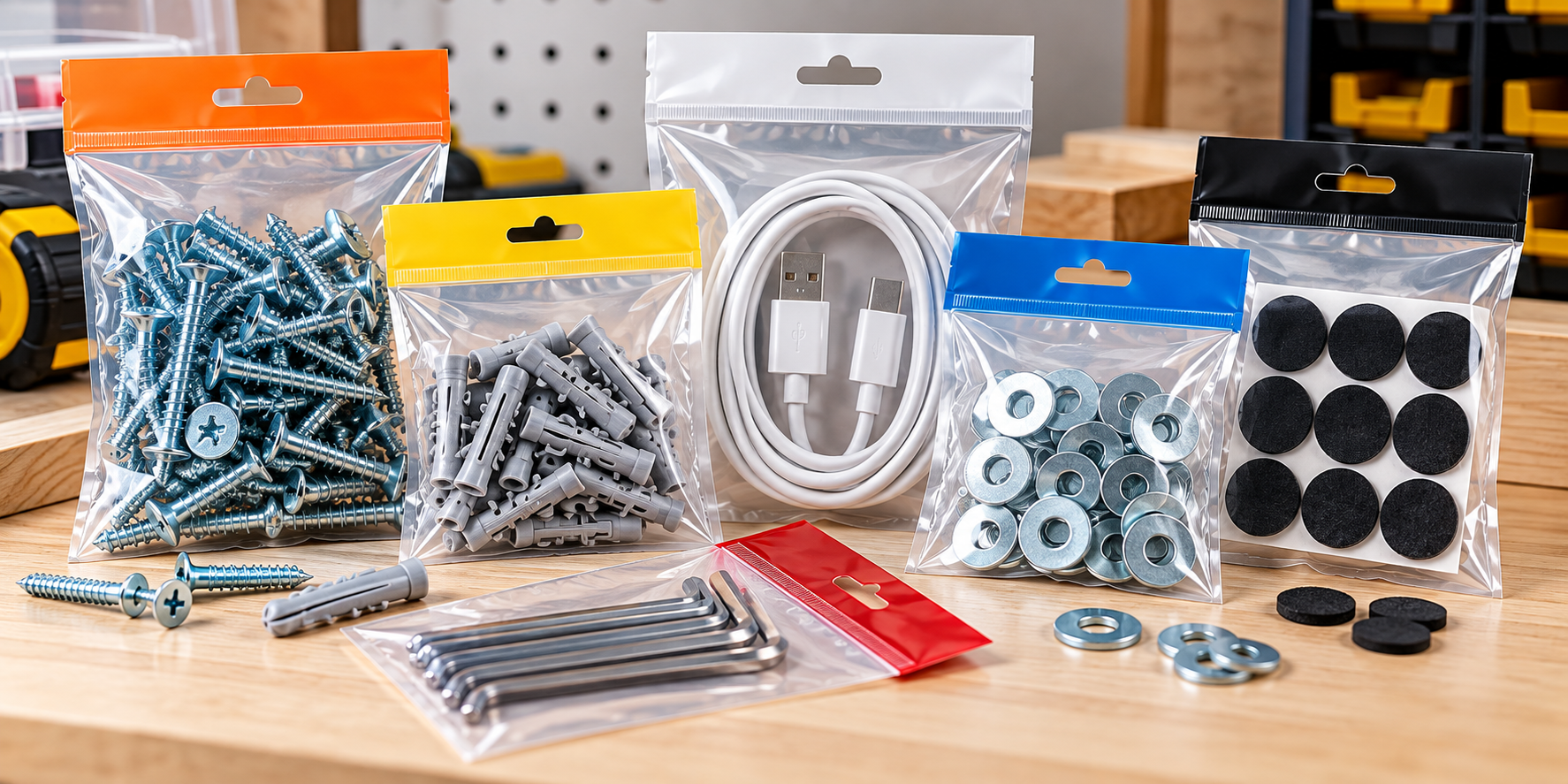 Colorful custom header bags with hang holes for screws, wall anchors, USB cables, washers, hex keys, and small hardware parts.
