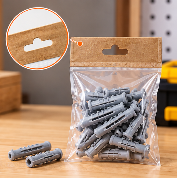 Reinforced header bag with hang hole for wall anchors and heavier small parts packaging.