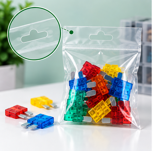 Transparent clear header bag with Euro slot for colorful electrical components and retail display.