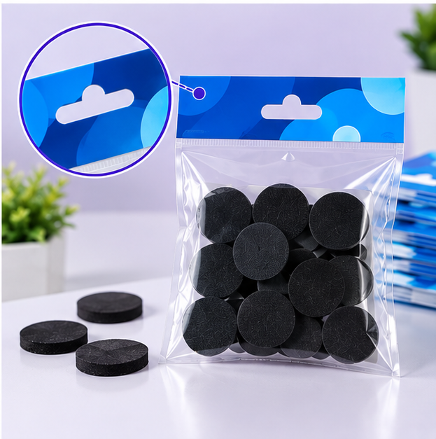 Custom printed header bag with hang hole for black foam pads and branded retail packaging.