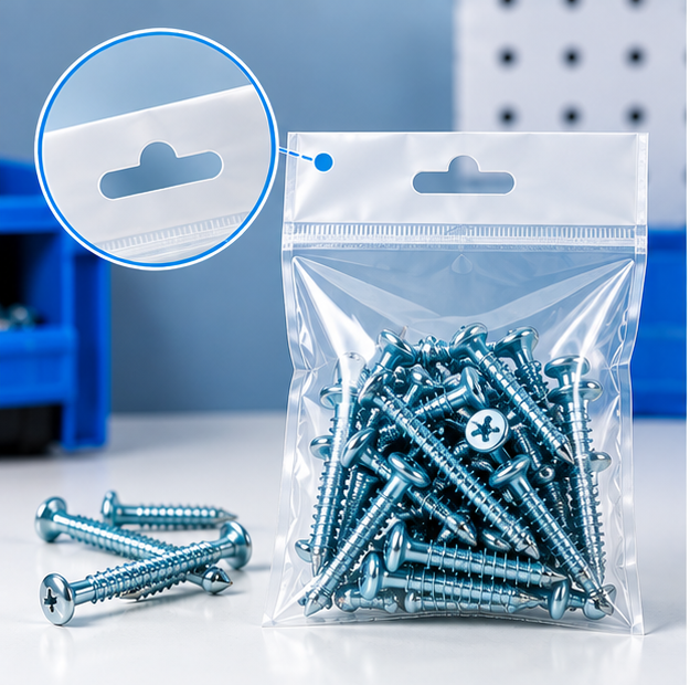 Clear standard header bag with hang hole for screws and small hardware retail packaging.