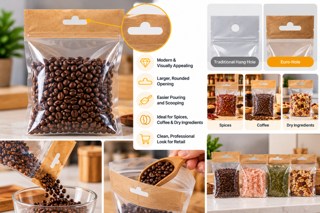 Euro-hole header bags for coffee, spices, and dry ingredients, featuring a clear product compartment and retail hanging design.