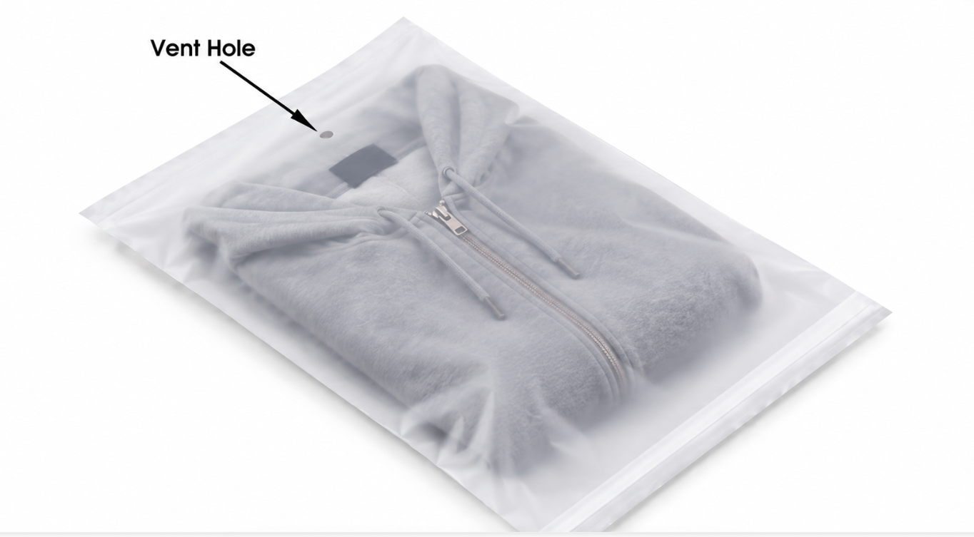 Frosted CPE vented bag with a small ventilation hole for folded hoodie and apparel packaging.