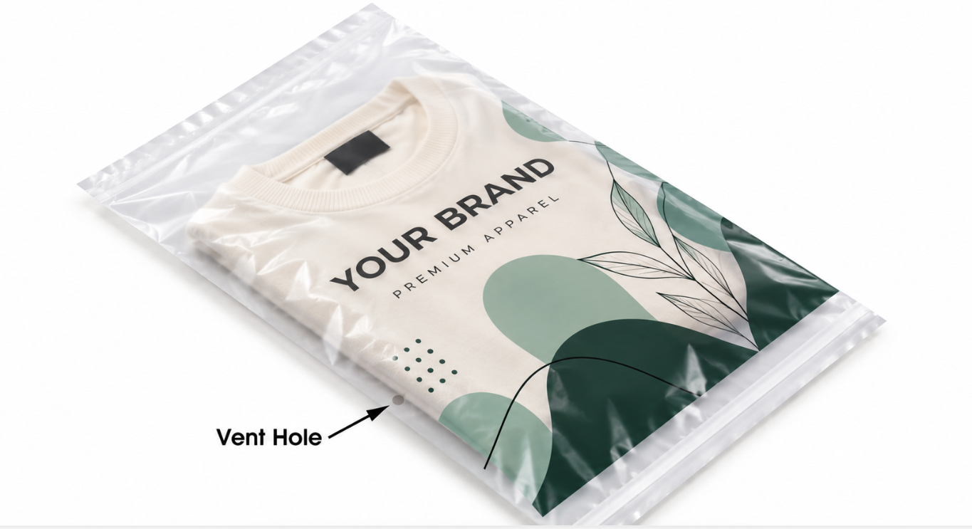 Custom printed vented poly bag with a bottom-side ventilation hole for folded apparel packaging.