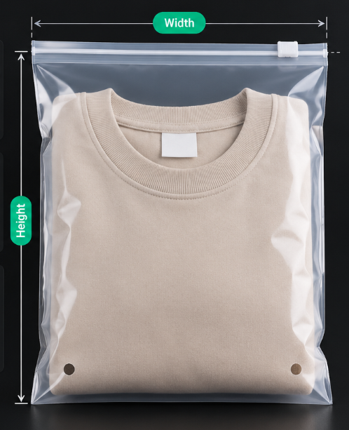 Custom poly bag size, film thickness, side seal, bottom gusset and closure options for garment packaging