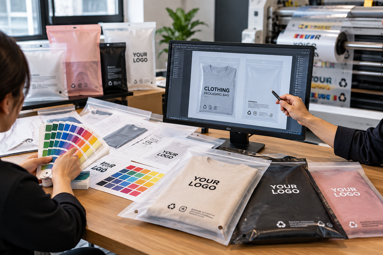Custom printed poly bags with logo, brand graphics and color matching for clothing packaging