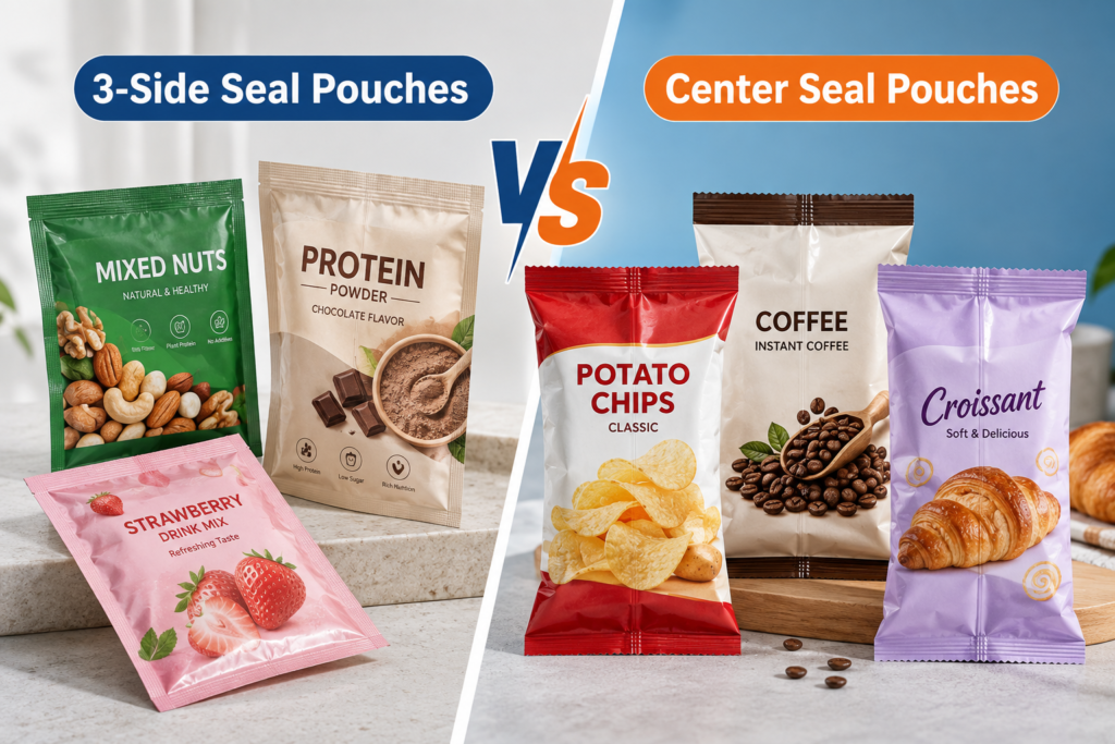 3-side seal vs. center seal pouches for nuts, powder, snacks, coffee, and bakery product packaging.