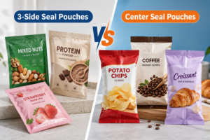 3-side seal vs. center seal pouches for nuts, powder, snacks, coffee, and bakery product packaging.